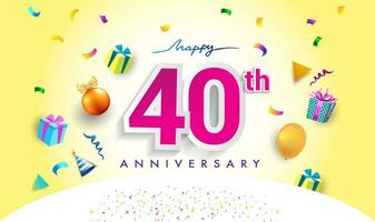 40e jaren verjaardag viering ontwerp, met geschenk doos en ballonnen, lint, kleurrijk vector sjabloon elementen voor uw veertig verjaardag vieren feest.