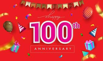 100ste jaren verjaardag viering ontwerp, met geschenk doos en ballonnen, lint, kleurrijk vector sjabloon elementen voor uw verjaardag vieren feest.