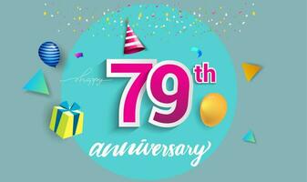 79ste jaren verjaardag viering ontwerp, met geschenk doos en ballonnen, lint, kleurrijk vector sjabloon elementen voor uw verjaardag vieren feest.