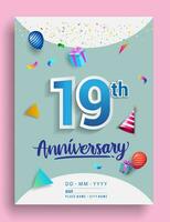 10e jaren verjaardag uitnodiging ontwerp, met geschenk doos en ballonnen, lint, kleurrijk vector sjabloon elementen voor verjaardag viering feest.
