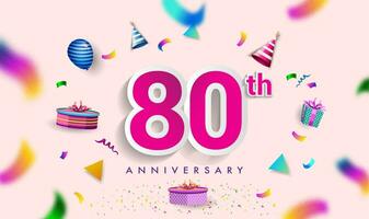 80ste jaren verjaardag viering ontwerp, met geschenk doos en ballonnen, lint, kleurrijk vector sjabloon elementen voor uw verjaardag vieren feest.