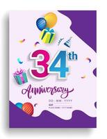 34e jaren verjaardag uitnodiging ontwerp, met geschenk doos en ballonnen, lint, kleurrijk vector sjabloon elementen voor verjaardag viering feest.