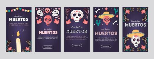 reeks van sociaal media posters of verticaal kaarten met suiker schedels. Mexicaans nationaal vakantie dag van de dood. feestelijk Sjablonen voor dia de los Muertos versierd met calavera catrina. vector illustratie