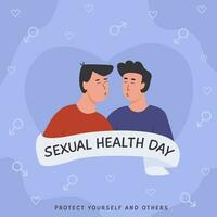 wereld seksueel Gezondheid dag plein kaart. homoseksueel homo paar in liefde. seks onderwijs. anticonceptie methoden. veilig seksueel gedrag. vector banier in vlak tekenfilm stijl.