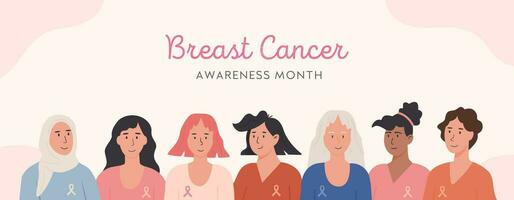 borst kanker bewustzijn maand horizontaal spandoek. vlak stijl groep van verschillend etnisch Dames met bewustzijn roze lintje. vector achtergrond van gelukkig vrouw kanker overlevenden.