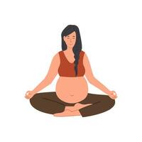 zwanger vrouw mediteren Bij huis. prenataal yoga. vrouw zittend met poten gekruiste beoefenen meditatie. ontspannende oefening gedurende zwangerschap. moeder met buik Aan een mat. vlak stijl vector illustratie.