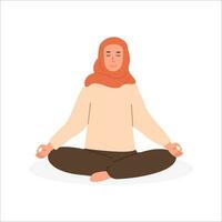 zwanger moslim vrouw mediteren Bij huis. prenataal yoga. modern Arabisch mam in hijab zittend met poten gekruiste beoefenen meditatie. ontspannende oefening gedurende zwangerschap. vlak stijl vector illustratie.