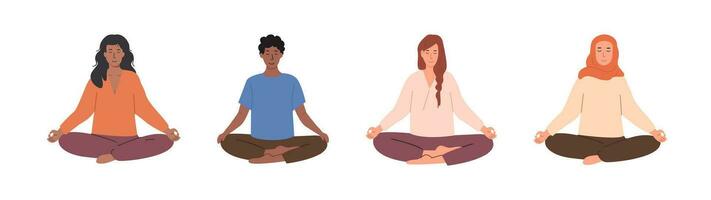 reeks van verschillend vrouw en mannetje mensen mediteren en aan het doen yoga ademen oefening. ouderen en jong vrouw en Mens beoefenen meditatie. vector illustratie tekens geïsoleerd Aan wit achtergrond.