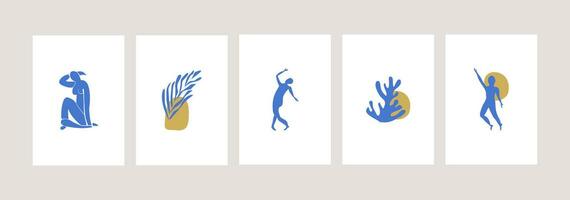 matisse geïnspireerd modern posters met abstract vrouw figuren en algen of koralen Aan wit achtergrond. reeks van hedendaags midden eeuw muur kunst. gekleurde vlak vector illustraties van verticaal kunstwerken.