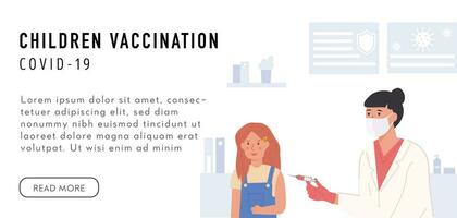 school- vaccinatie concept. banier met onderschrift kinderen vaccinatie. een schoolmeisje krijgen een schieten. een verpleegster of dokter vervelend gezicht masker en Holding injectiespuit met vaccin prik. vector illustratie.