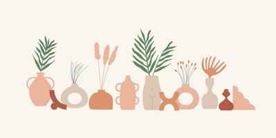 verzameling van modieus keramisch vazen met planten. samenstelling van aards jags en bloem potten in minimalistisch pastel terracotta kleuren. vector boho Scandinavisch stijl van pottenbakkerij. vlak stijl illustratie.