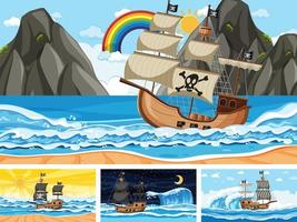 set van oceaan met piratenschip op verschillende tijdstippen scènes in cartoon-stijl vector