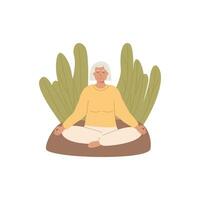 senior vrouw mannetje persoon zittend buitenshuis Bij park en beoefenen yoga. modern ouderen vrouw Mens met gekruiste poten Gesloten ogen mediteren Aan natuur. meditatie, buik ademen geestelijk oefening. vector