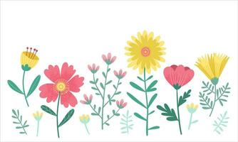 reeks van bloemen elementen, wild bloemen in roze en geel met kopiëren ruimte. muur kunst, kinderkamer of kinderen kamer concept ontwerp voor banier, omslag, decoratie, poster, groet kaart of uitnodiging. vector