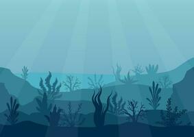 onderwater- oceaan tafereel. diep blauw water, koraal rif en onderwater- planten. marinier zee bodem silhouet met zeewier, algen en koraal. vector illustratie achtergrond.