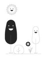 planten genieten van zonnig dag zwart en wit tekenfilm vlak illustratie. glimlachen bomen bloem onder zonneschijn 2d lijn kunst fee personages geïsoleerd. zon liefhebbend planten monochroom tafereel vector schets beeld