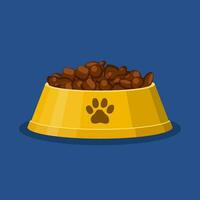 hond of kat droog voedsel schaal. bot en vis vormig chips. geel huisdier kom met droog voedsel. vlak stijl vector illustratie geïsoleerd Aan blauw achtergrond.