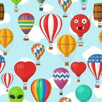 aerostaat ballon vervoer met mand en wolken vliegend in blauw lucht naadloos patroon, tekenfilm luchtballon verschillend vormen ballonvaren avontuur vlucht, opgeblazen op reis vliegen, achtergrond vector