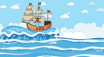 oceaanscène overdag met piratenschip in cartoonstijl vector