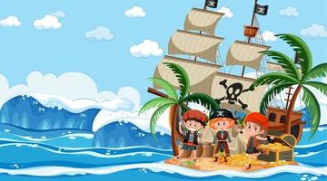 schateilandscène overdag met piratenkinderen vector