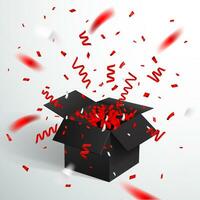 Open zwart geschenk doos en confetti. Kerstmis en Valentijn achtergrond. vector illustratie