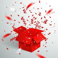 Open rood geschenk doos en confetti. Kerstmis en Valentijn achtergrond. vector illustratie