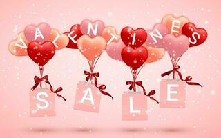 uitverkoop, gelukkig valentijnsdag dag achtergrond, rood, roze en oranje ballon in het formulier van hart met boog en lint en papier boodschappen doen tas. vector illustratie