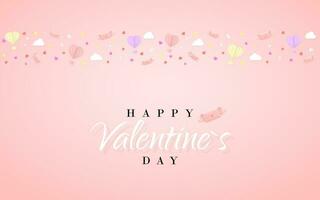 gelukkig valentijnsdag dag uitnodiging kaart sjabloon met origami papier heet lucht ballon in hart vorm geven aan, papier brief, wit wolken en confetti. roze achtergrond. vector illustratie