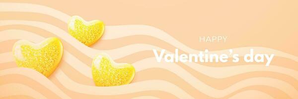 Valentijnsdag dag banier met realistisch decoratief glanzend gouden 3d harten met schitteren en Golf lijnen Aan een delicaat snoep achtergrond. liefde banier, geschenk bon, schattig groet kaart. vector illustratie