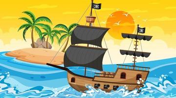 oceaan met piratenschip in de scène van de zonsondergangtijd in cartoonstijl vector
