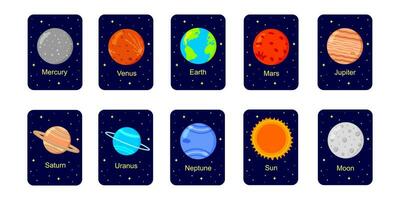 zonne- systeem flashcards voor kinderen. planeten, zon en maan met namen Aan donker sterrenhemel achtergrond. leerzaam materiaal voor scholen en kleuterscholen voor ruimte wetenschap aan het leren vector