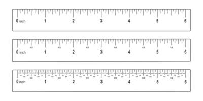 reeks van 6 inches heersers met opmaak, getallen en fracties. wiskunde of meetkundig gereedschap voor afstand, hoogte of lengte meten vector