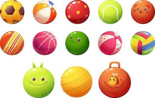 reeks van kleurrijk kinderen ballen Aan transparant achtergrond. gestreept ballen, met harten, emoji's, volleybal en voetbal ballen, Sportschool ballen. tekenfilm vector illustratie