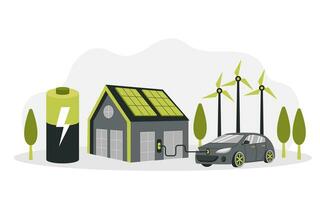 groen energie. slim rooster. hernieuwbaar. huis met windmolens en zonne- energie panelen, elektrisch auto in de buurt opladen station. vector