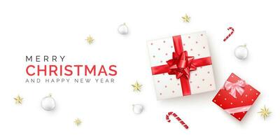 Kerstmis poster. vakantie uitverkoop banier met geschenk doos met rood lint en boog. Cadeau dozen met nieuw jaar decoratie. vector illustratie