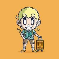 schattig jongen op reis Aan vakantie tekenfilm vector illustratie. hand- getrokken vector illustratie.