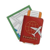 ticket in paspoort boek, vliegtuig met kaarten illustratie vector