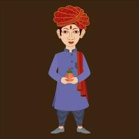 Indisch bruiloft bruidegom paar met Rajasthani tulband Holding kalash pot in hand- vector beeld