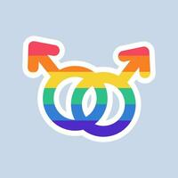 homoseksueel liefde symbool in lgbt vlag kleuren. twee mannetje geslacht pictogrammen in regenboog kleuren gekoppeld samen. lgbt sticker in tekening stijl. lgbtq, lgbt trots gemeenschap symbool. vector