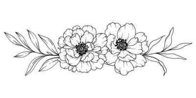 pioen lijn tekening. zwart en wit bloemen boeketten. bloem kleur bladzijde. bloemen lijn kunst. prima lijn pioen illustratie. hand- getrokken bloemen. botanisch kleuren. bruiloft uitnodiging bloemen vector