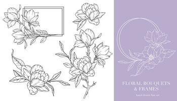 magnolia lijn tekening. bloemen kaders en boeketten. bloemen lijn kunst. prima lijn magnolia kaders hand- getrokken illustratie. hand- getrokken schets magnolia's. botanisch kleur bladzijde. magnolia geïsoleerd vector