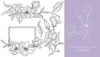 magnolia lijn tekening. bloemen kaders en boeketten. bloemen lijn kunst. prima lijn magnolia kaders hand- getrokken illustratie. hand- getrokken schets magnolia's. botanisch kleur bladzijde. magnolia geïsoleerd vector