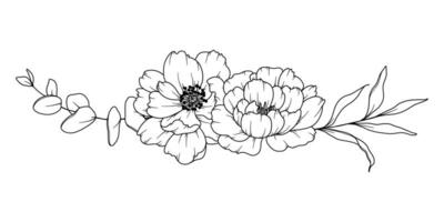 pioen lijn tekening. zwart en wit bloemen boeketten. bloem kleur bladzijde. bloemen lijn kunst. prima lijn pioen illustratie. hand- getrokken bloemen. botanisch kleuren. bruiloft uitnodiging bloemen vector