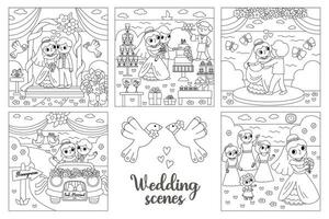 vector zwart en wit bruiloft scènes set. schattig lijn alleen maar getrouwd paar. huwelijk ceremonie landschappen kleur Pagina's met bruid en bruidegom. echtgenoot, vrouw snijdend taart, dansen