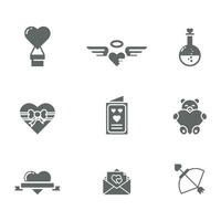 Valentijn dag solide icoon ontwerp vector symbool reeks inclusief heet lucht ballon, liefde engel, vergif, geschenk, kaart, teddy beer, brief, pijl