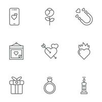 Valentijn dag icoon ontwerp vector symbool reeks inclusief smartphone, roos, liefde magneet, valentijnsdag dag, Cupido, hart vuur, valentijnsdag geschenk, liefde ring, romantisch kaars