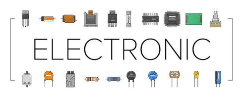 elektronisch bestanddeel stroomkring spaander pictogrammen reeks vector