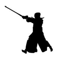 silhouet van een zwaard krijger in actie houding. silhouet van een krijgshaftig kunst persoon draag- zwaard wapen. silhouet van kendo krijgshaftig kunst houding. vector