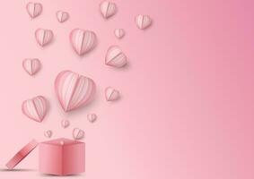 valentijnsdag harten en geschenk doos.origami gemaakt papier hart vliegend uit uit geschenk doos.zij zijn Aan roze achtergrond en kopiëren ruimte.gelukkig, moeder dag,kaart.vector Valentijnsdag dag en liefde vector concept.