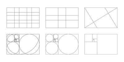 gouden verhouding sjabloon set. methode gouden sectie roosters. fibonacci reeks, getallen pictogrammen. harmonie proporties kozijnen. vector grafisch illustratie. eps.